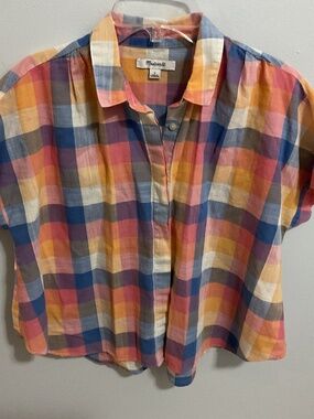Women’s Madewell Hilltop Button Front Madras Rainbow Plaid SS Top,Small